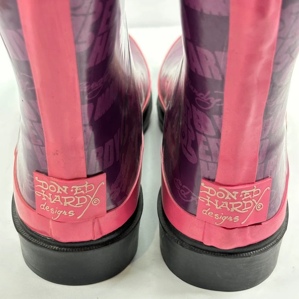 VTG Y2K Ed Hardy Women 6 Rain Boots Purple Pink Tattoo Print Love Kills slowly